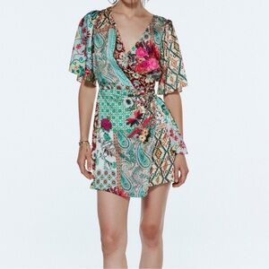 Zara Mixed Print Wrap Mini Dress XS – Boho Patchwork Floral & Paisley